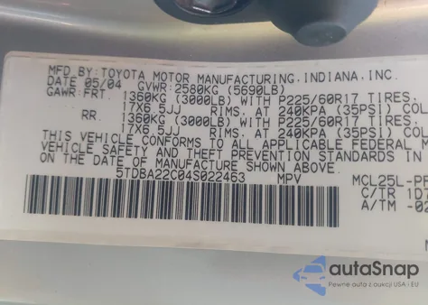 2004 Toyota Sienna Xle z USA, uszkodzony, nr VIN 5TDBA22C04S022463